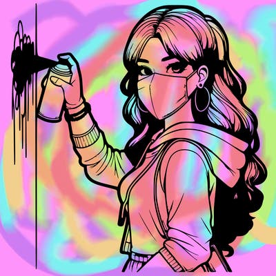 realistic girl with mask spray painting a wall