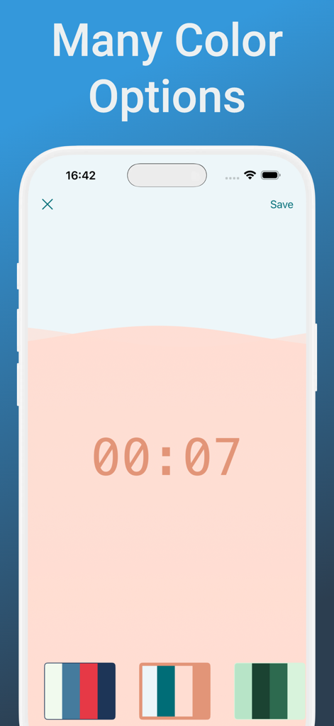 Countdown Timer Aqua Hourglass - Interface of a visual countdown timer app showing many customizable color palette options