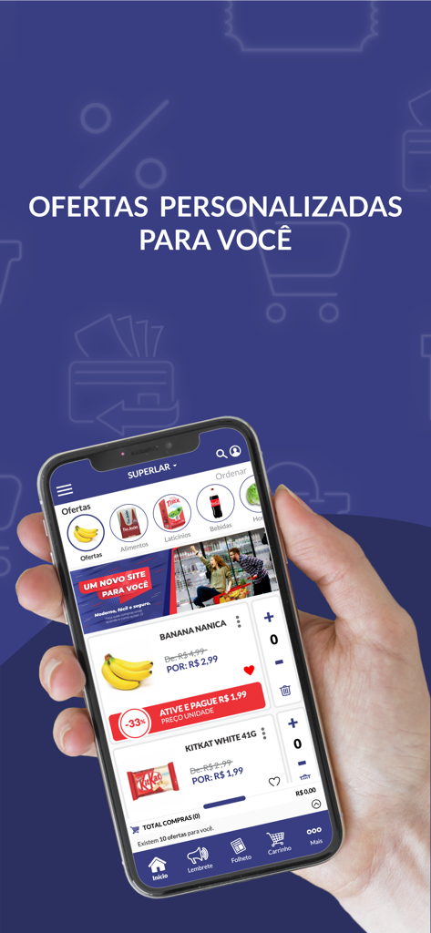 Superlar Supermercados - A hand holding a smartphone showing the Superlar Supermercados app with personalized grocery discounts and product categories.