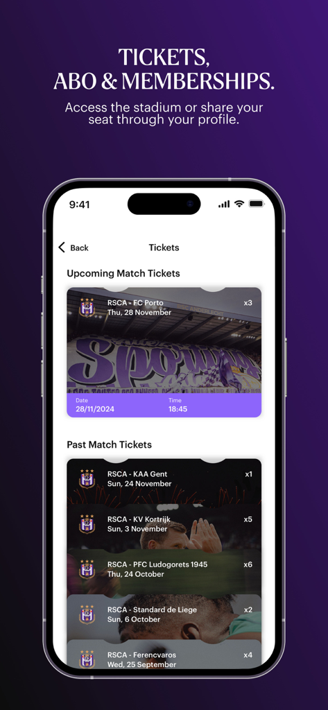 RSCA Official app interface showing upcoming and past match tickets
