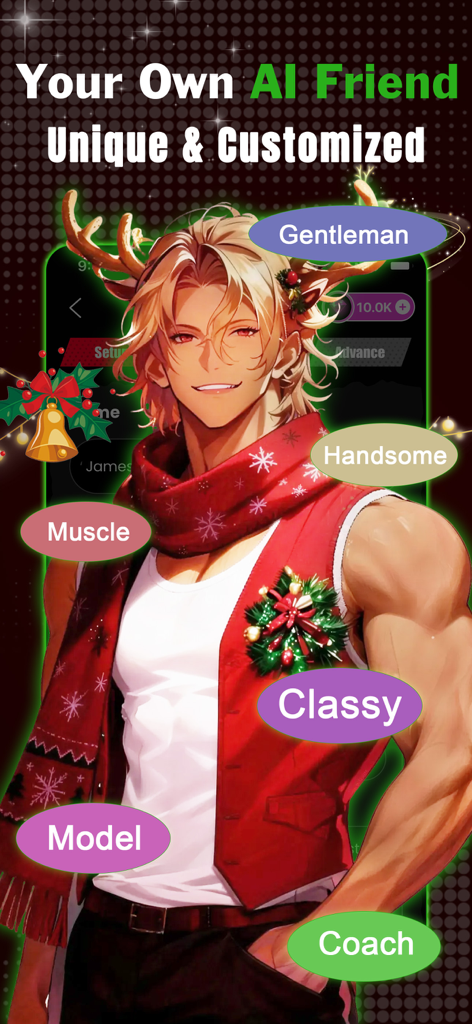 A customized handsome anime AI character with personality tags like Gentleman and Muscle in the Cycle AI app