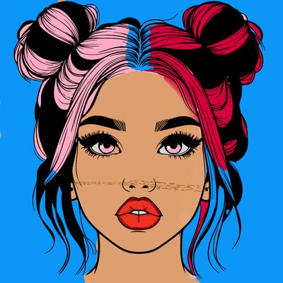 realistic girl with two buns on her hair and lips