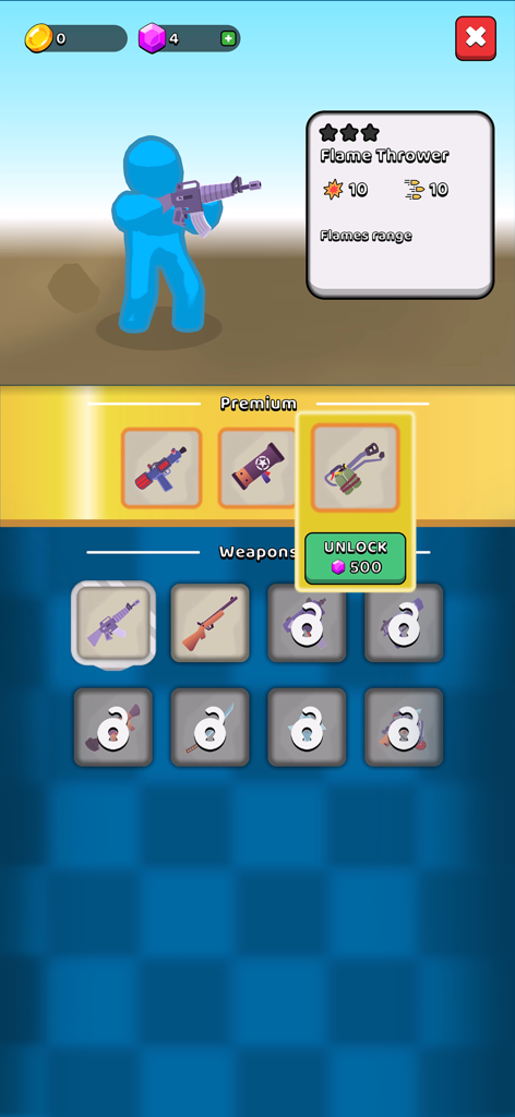 Weapon selection screen in Z defense showing a blue character and a premium flamethrower unlock option