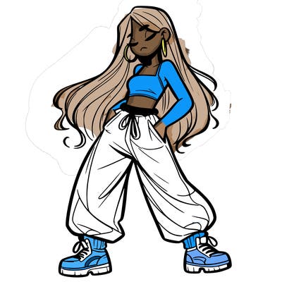 girl in baggy pants crop top and long hair