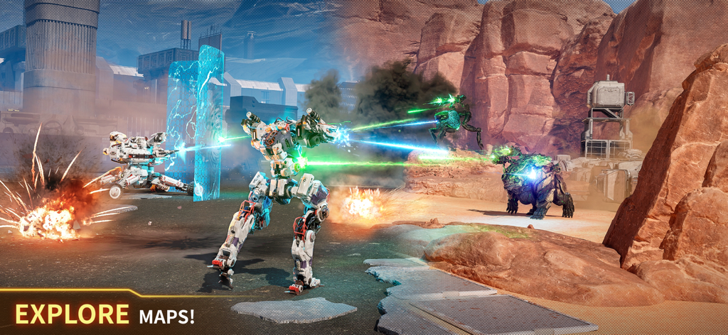 Armor Attack: Robot & Mecha - Robots engaging in tactical combat across urban and desert maps