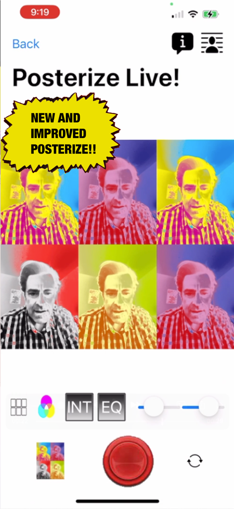 Pop Art Lite - Tela Posterize Live do aplicativo Pop Art Lite com uma grade 3x2 de imagens filtradas e controles de edição.