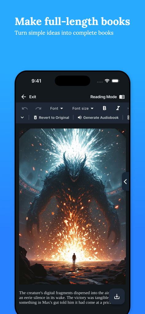 AI Book Writer - Nellie - Interface of the Nellie AI Book Writer app showing a fantasy story page with an AI-generated illustration of a fiery monster and text editing tools.