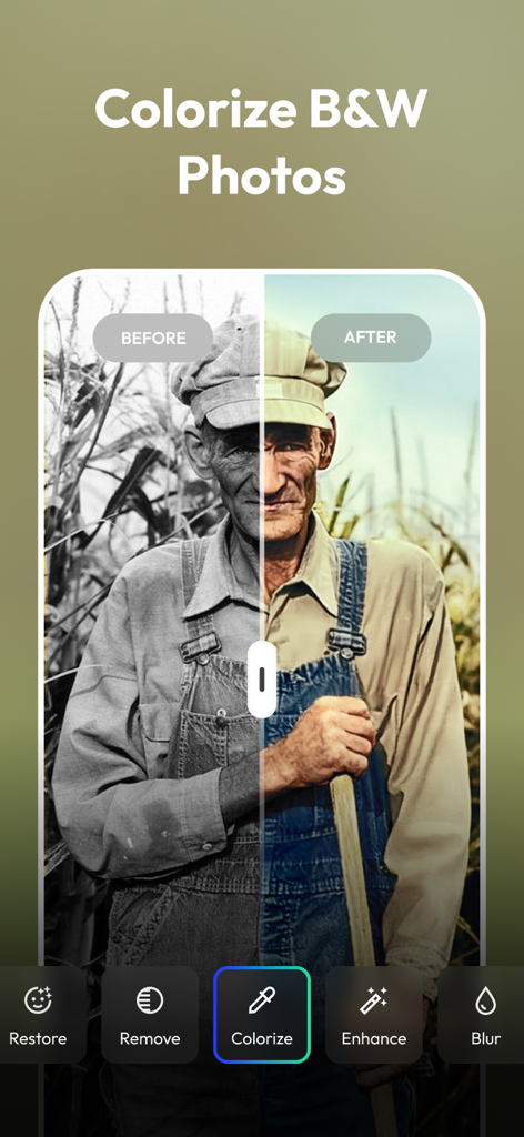 PixelUp: AI Photo Enhancer - Before and after comparison showing the AI colorization of a black and white vintage photo in the PixelUp app