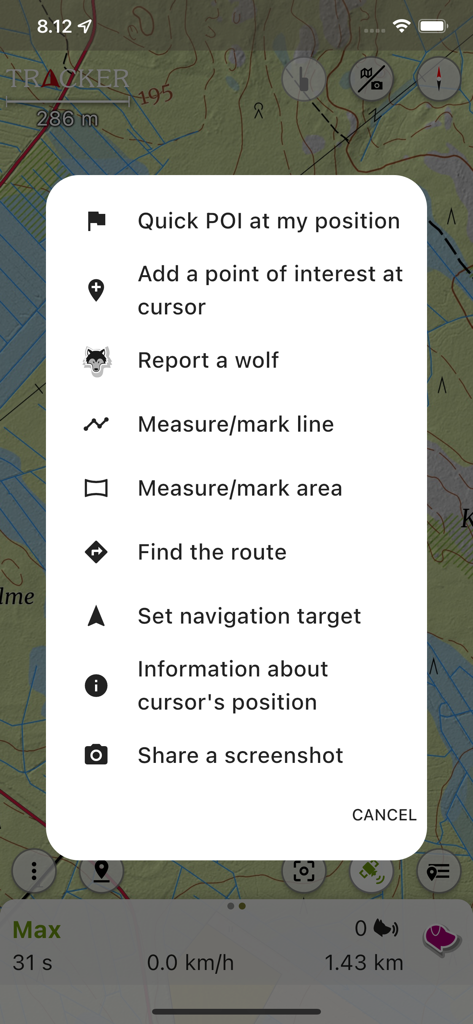 Context menu in the Tracker app showing options for outdoor navigation and reporting wolf sightings