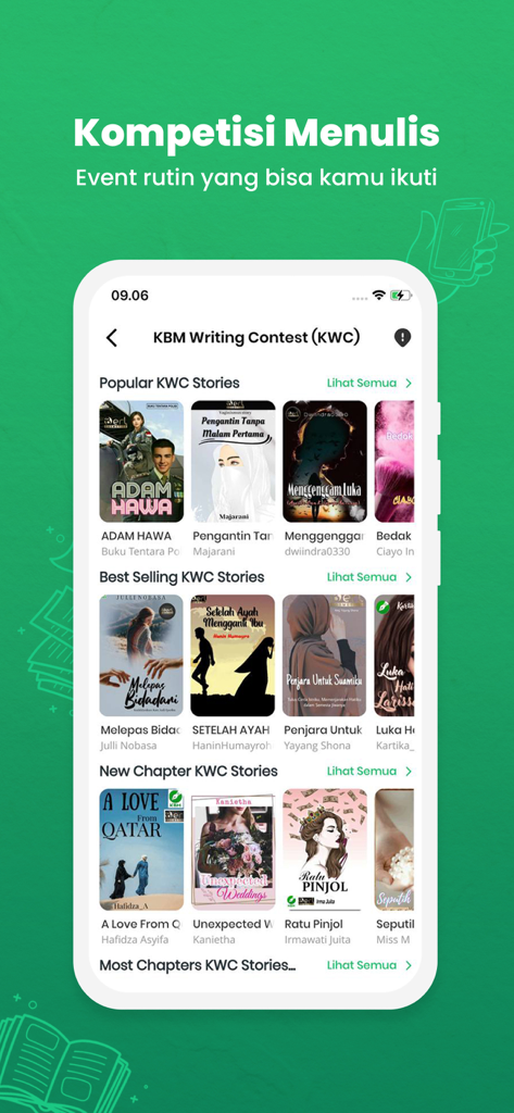 Smartphone screen of KBM App showing the KBM Writing Contest with popular and best-selling story categories.