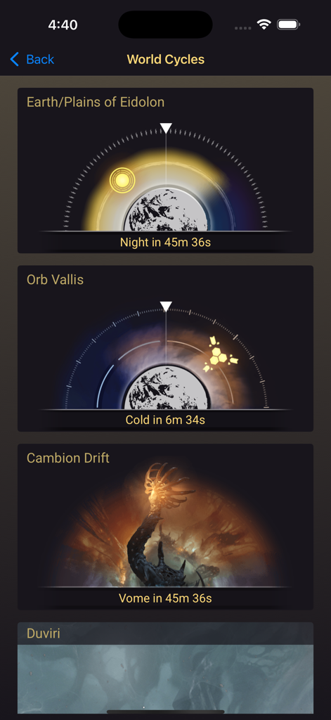 Warframe Companion - Warframe Companion app screen displaying world cycles and timers for Earth Orb Vallis and Cambion Drift