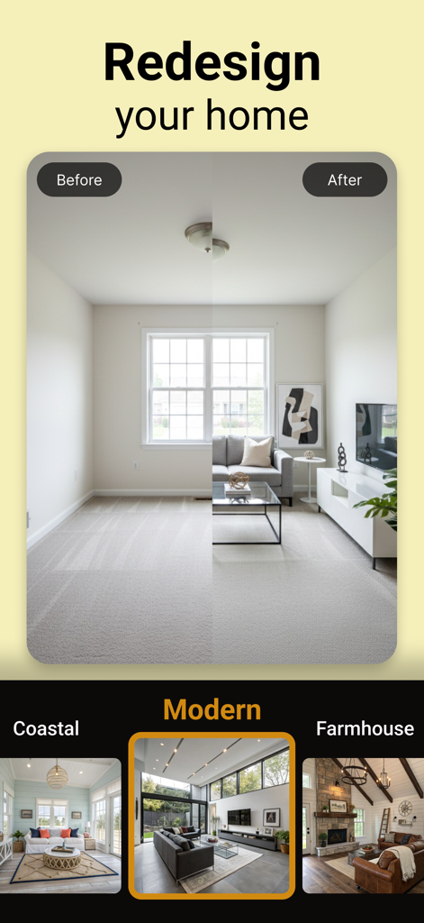 Interior AI - Home Designer AI - Eine geteilte Bildschirmansicht, die ein Wohnzimmer vor und nach einer KI-Neugestaltung mit Optionen für die Stile Modern Coastal und Farmhouse zeigt