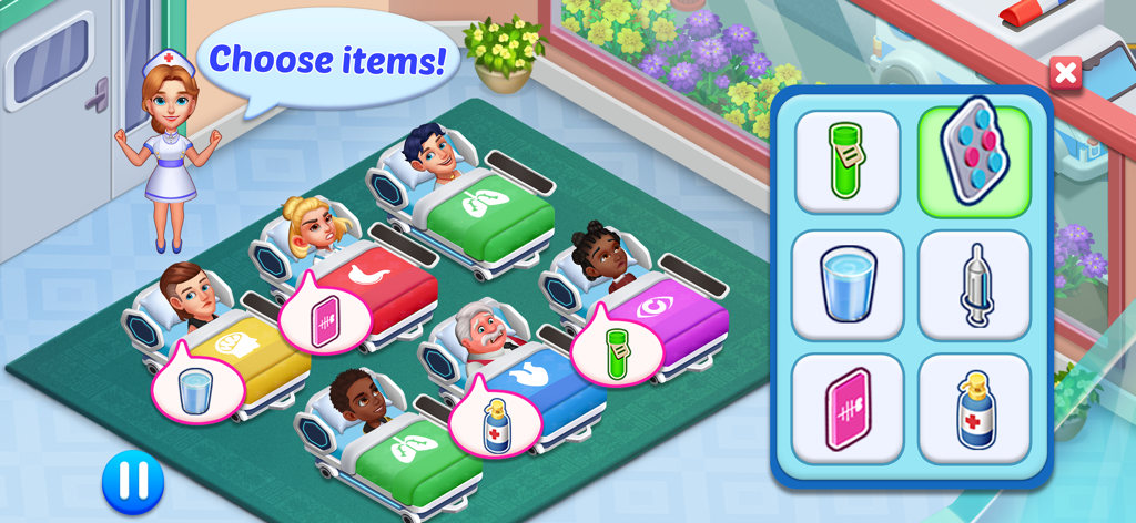 Hospital Dash: Clinic Game - Nurse character in Hospital Dash asking players to choose medical items to treat patients in clinic beds.