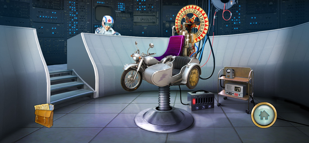 Uma cena pintada à mão de uma máquina do tempo de motocicleta em um laboratório secreto