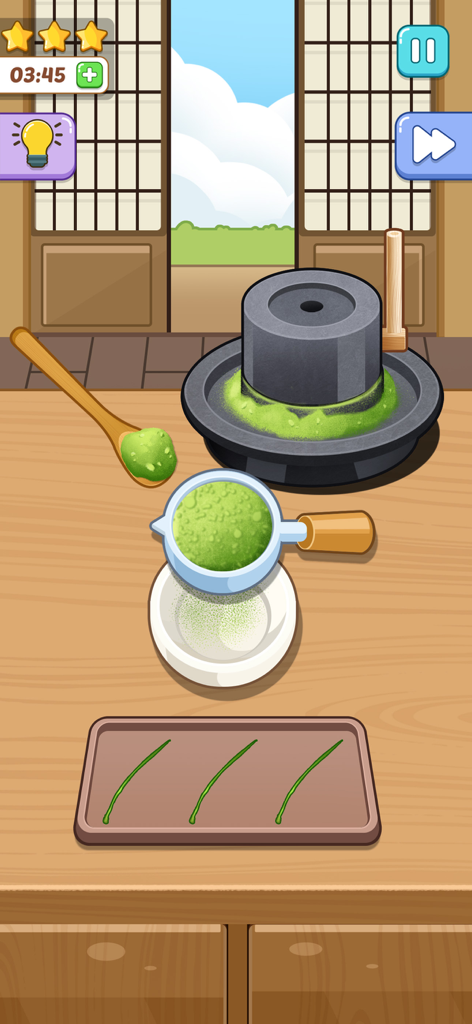 Cooking Paradise: DIY Food - A peaceful cooking simulation scene showing the preparation of matcha powder with a traditional stone mill and sieve