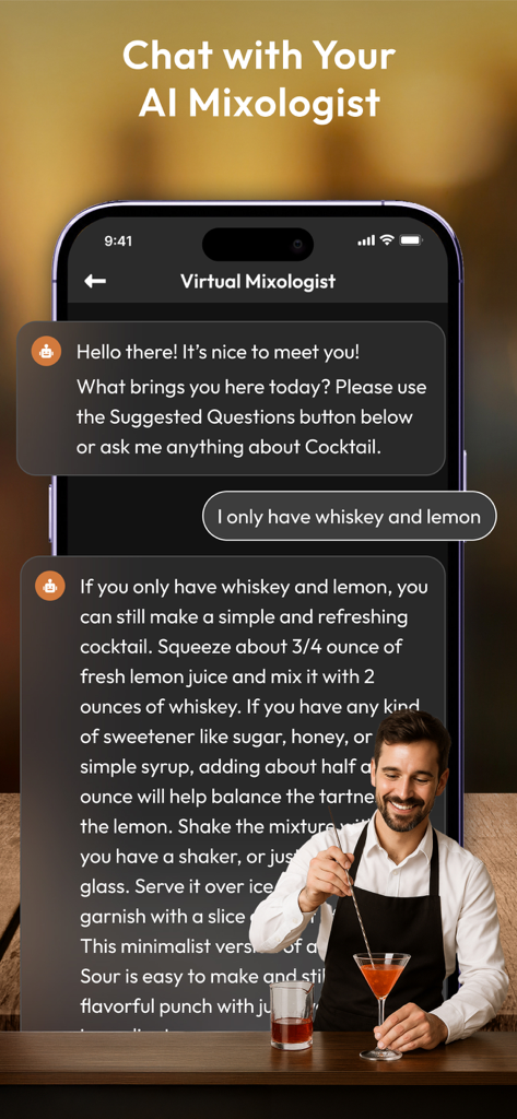 Una pantalla móvil que muestra un chat con un mixólogo virtual que proporciona una receta de cóctel usando whisky y limón.