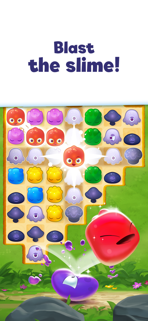 Jelly Splash match 3 puzzle grid with colorful jellies and the text Blast the slime