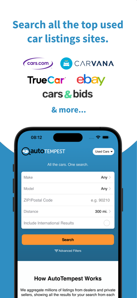 AutoTempest - Car Search - AutoTempest app interface showing car search filters and listing sources