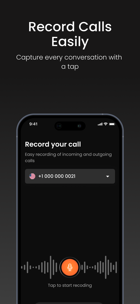 ワンタップで着信および発信通話を録音するための、通話レコーダーアプリのiPhone上のインターフェース
