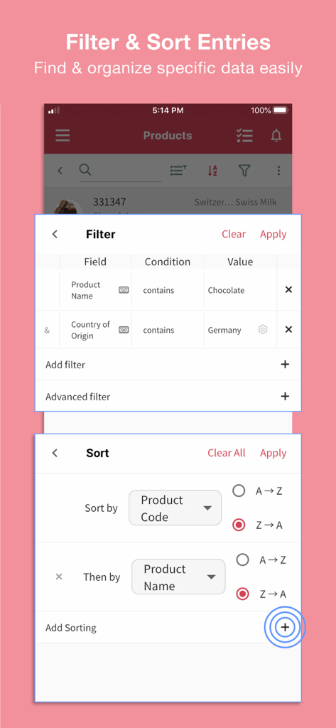 Interfaz de la aplicación Ragic que muestra opciones de filtrado y ordenación de datos para una base de datos de productos.