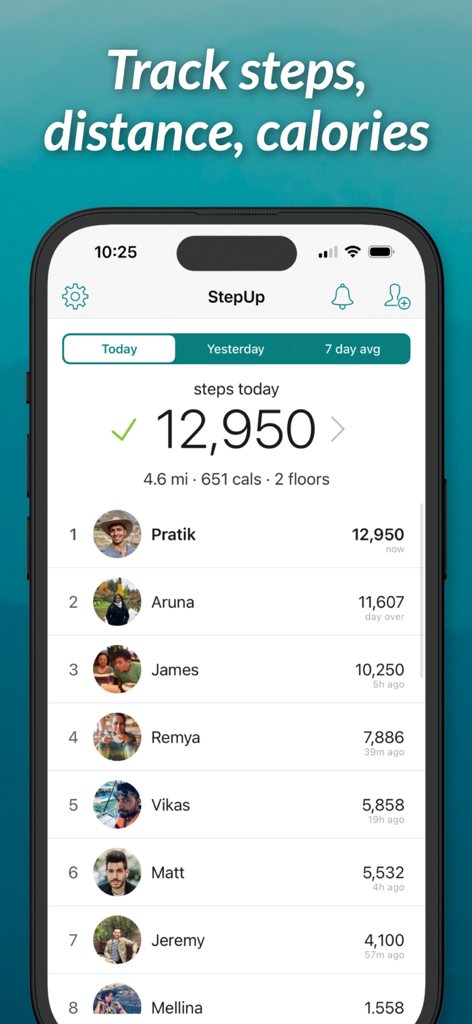 StepUp Pedometer Step Counter - Screenshot der StepUp-App, der eine soziale Bestenliste mit täglichen Schrittzahlen und Ranglisten unter Freunden zeigt