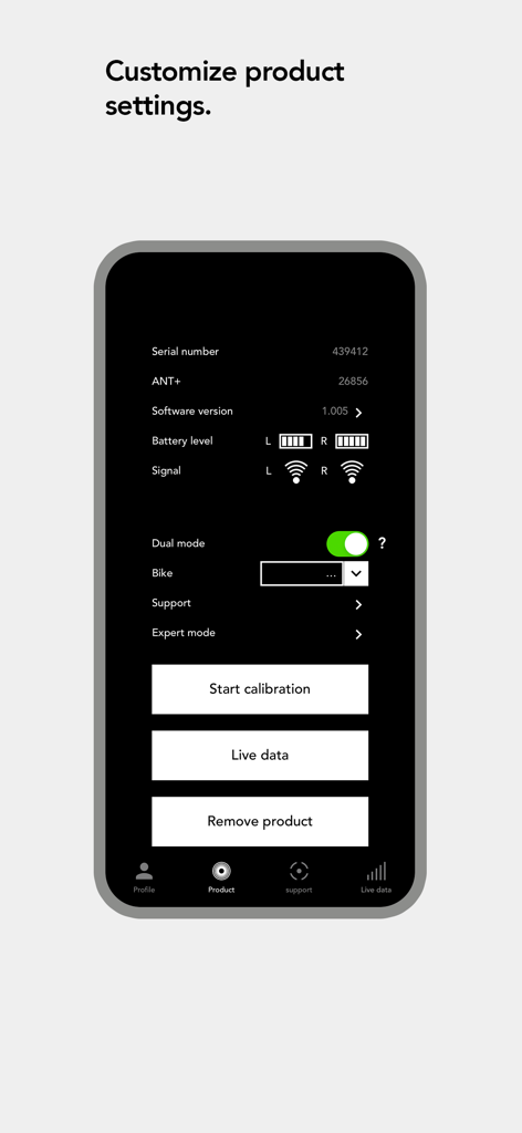 Interfaz de la aplicación LOOK CYCLE que muestra los niveles de batería de los ajustes de los pedales de potenciómetro y el botón de calibración