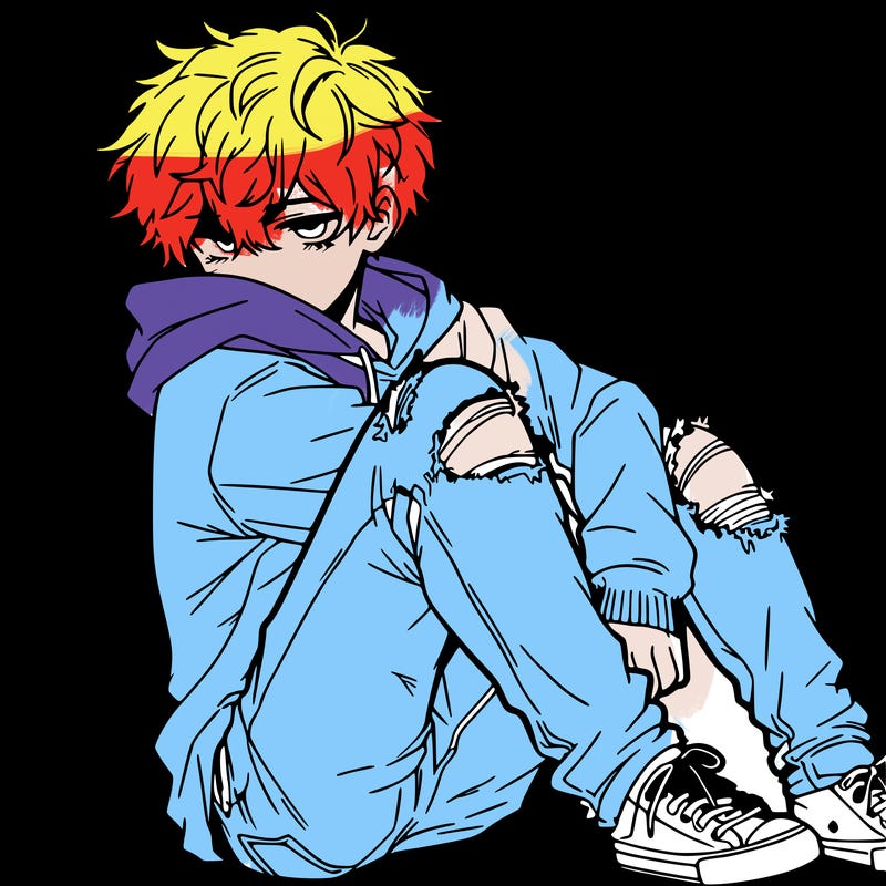 a male hoddie ripped jeans messy hair anime