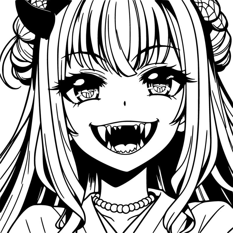 anime girl, vampire teeth,demon slayer themed, evil smile