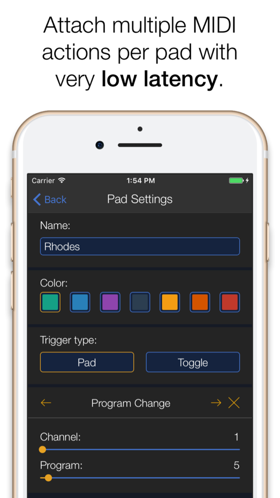 MidiPad 2 app interface showing custom MIDI pad settings on an iPhone
