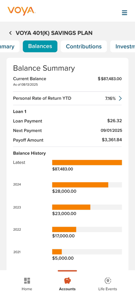 Voya app screen showing 401k balance summary and retirement savings growth chart