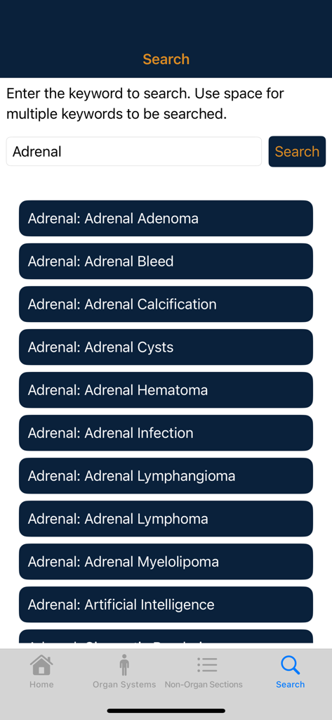 CTisus iPearls - A search interface within the CTisus iPearls app showing a list of medical pearls related to the adrenal gland.