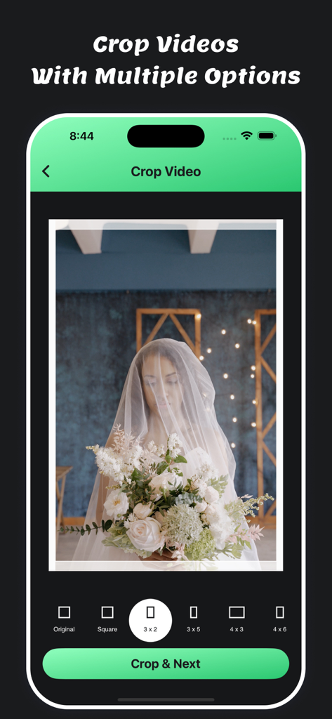 Mute Video : Remove Sounds - iPhone-App-Oberfläche, die verschiedene Seitenverhältnisse zum Zuschneiden eines Videos zeigt