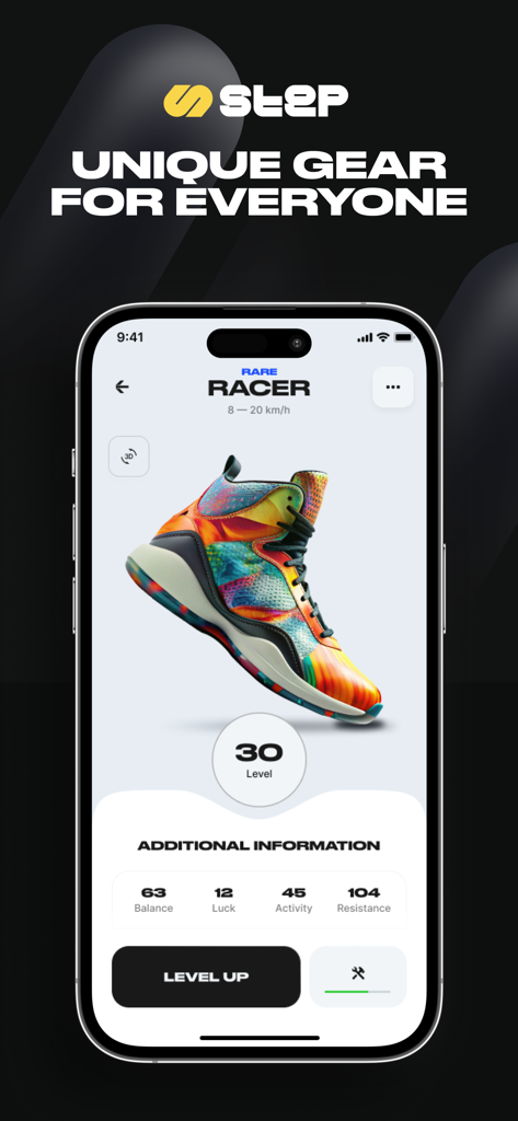 Step App: M2E Running App - A colorful Rare Racer NFT sneaker in Step App showing level 30 and performance stats for balance luck activity and resistance
