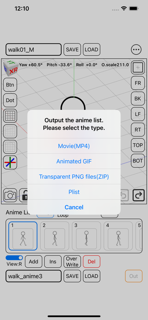 Stick Figure 3D Pose - Interfaccia dell'app Stick Figure 3D Pose che mostra le opzioni di esportazione dell'animazione, inclusi formati MP4, GIF e PNG trasparenti