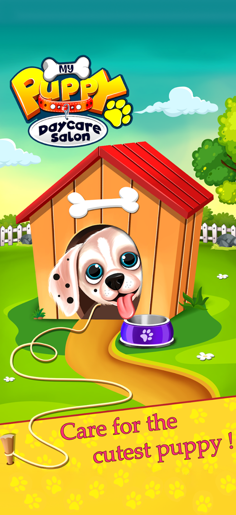 My Puppy Daycare Salon - Ein niedlicher Welpe lugt aus einem bunten Hundhaus in einem sonnigen Garten hervor