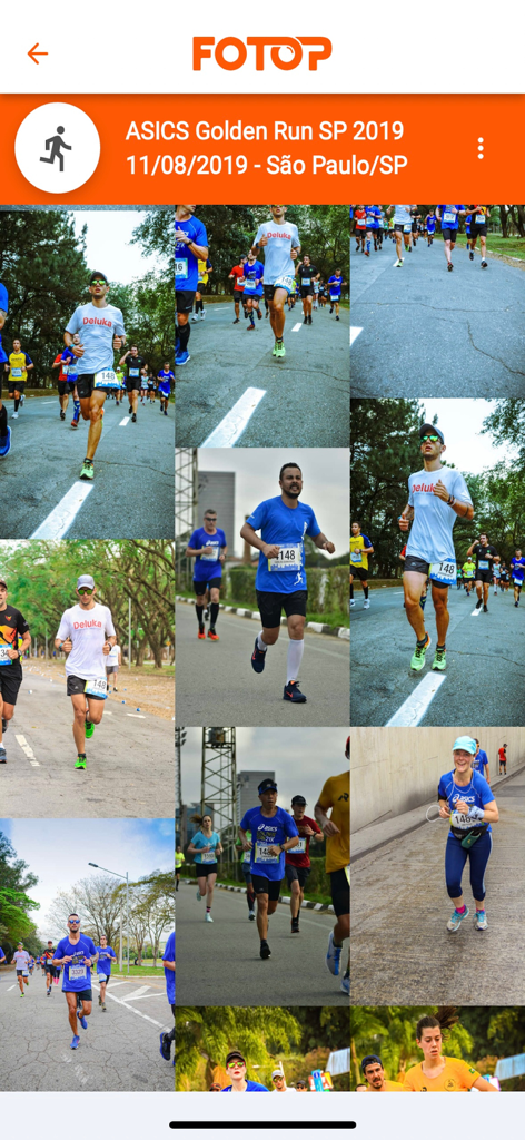 A grid of professional action shots from a marathon race on the Fotop app