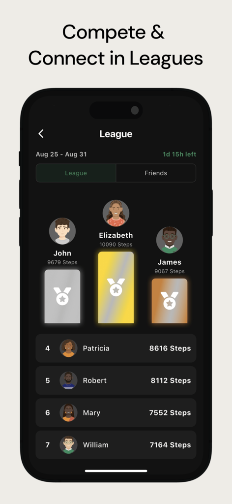 HealthMeter - Pantalla de clasificación de ligas de la aplicación HealthMeter que muestra las posiciones de los usuarios y los recuentos de pasos con medallas de oro, plata y bronce
