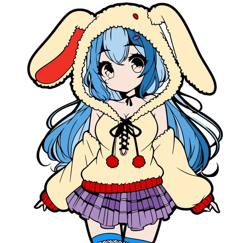 pretty anime girl wearing a fluffy hoodie with bunny ears on the hood and a skirt