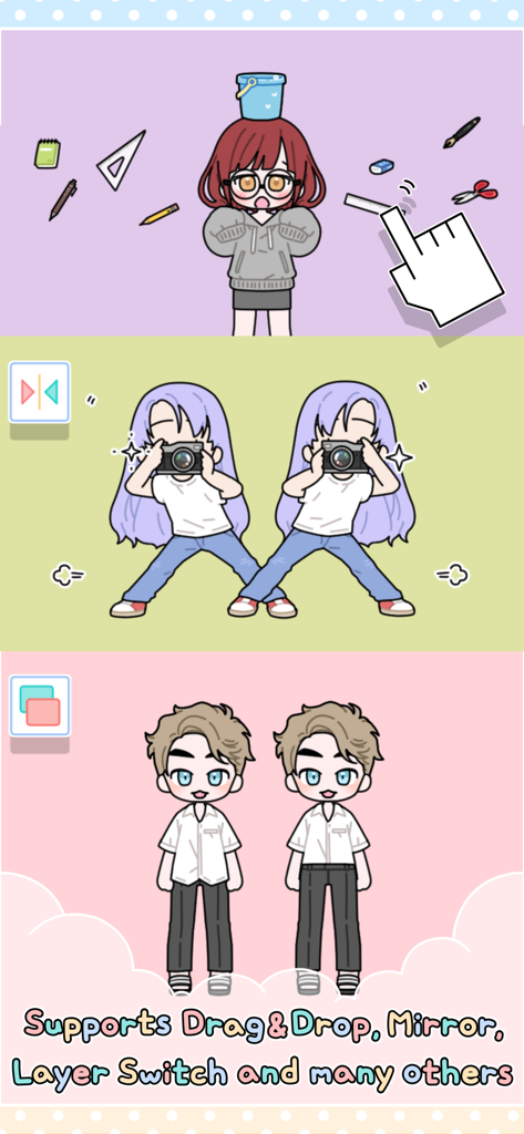 Pastel Friends gameplay showing drag and drop mirror and layer switching functions for avatars