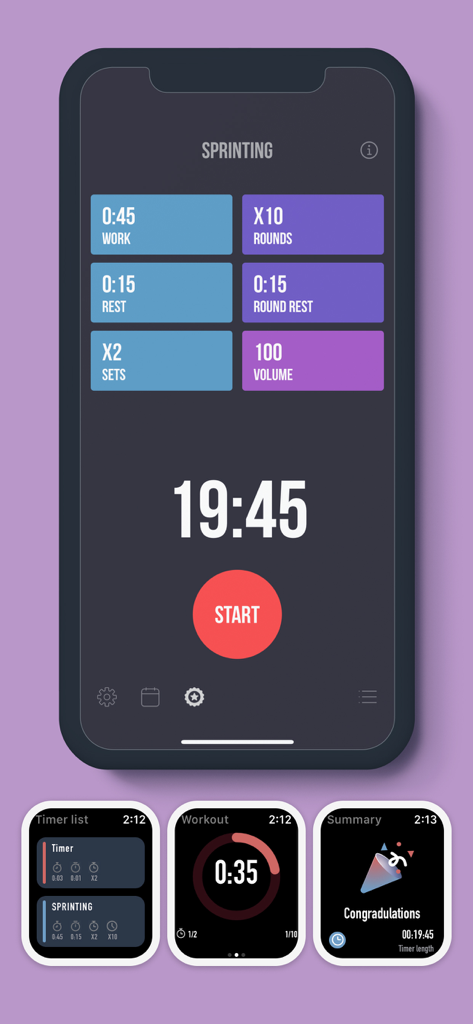 Interval Timer Plus app interface showing workout settings on iPhone and Apple Watch screens.
