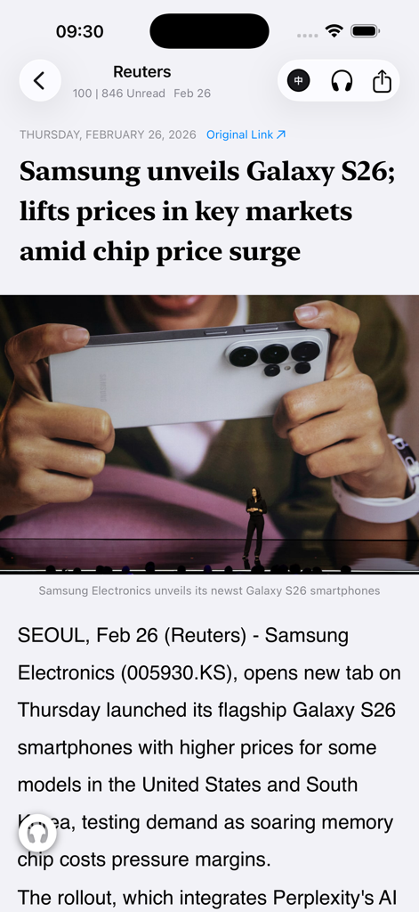 ONews app interface showing a Reuters news article about Samsung Galaxy S26