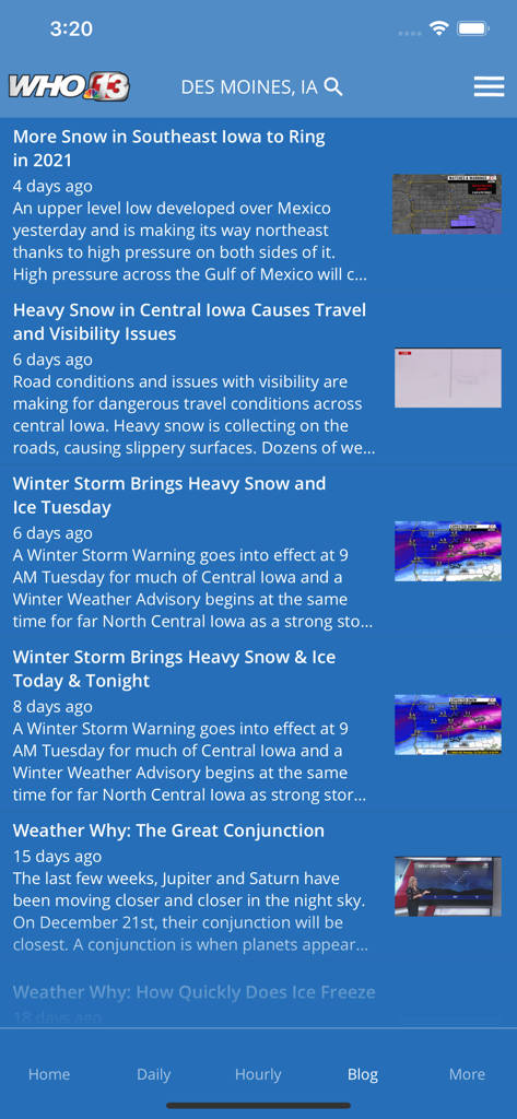 Blog section of the 13WarnMe app displaying local weather news articles for Central Iowa.