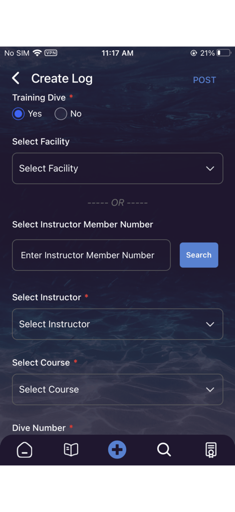 Interfaz de la aplicación móvil para crear una nueva entrada de registro de buceo