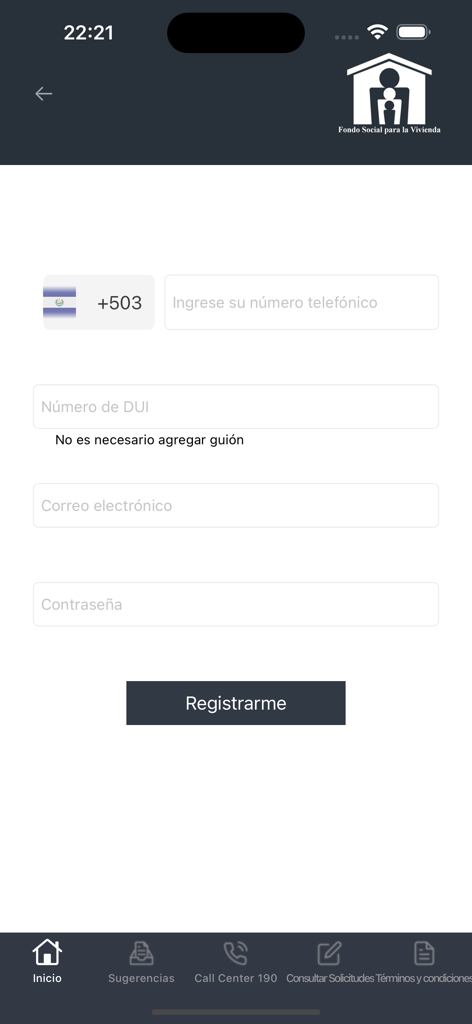 FSV APP-Registrierungsbildschirm mit Feldern für Telefonnummer und DUI für salvadorianische Wohnungsbaudienste