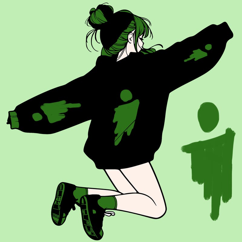 realistic girl jumping with a bun and oversized sweatshirt