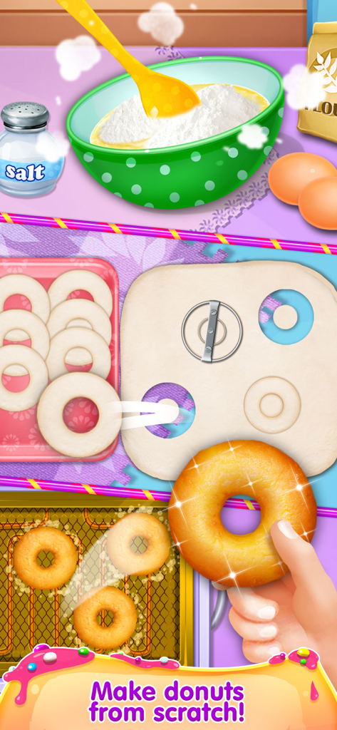 Donut Maker - Cooking Games! - Gameplay of a donut maker app showing ingredients cutting dough and frying donuts