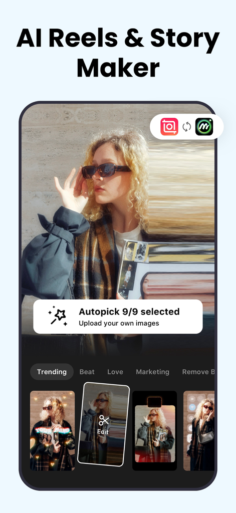 Interfaccia dell'app AI Reels e Story Maker con template video estetici