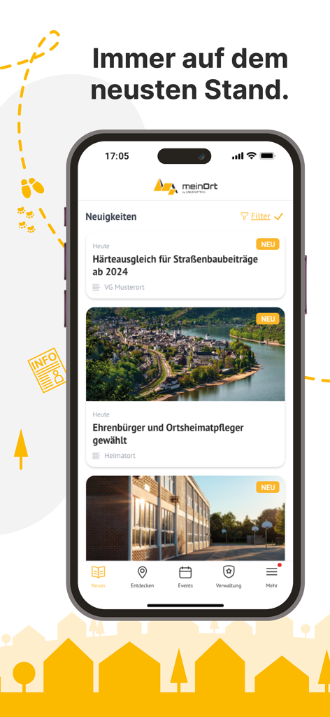 Smartphone-Bildschirm mit lokalen Gemeinde-Nachrichten in der meinOrt-App.