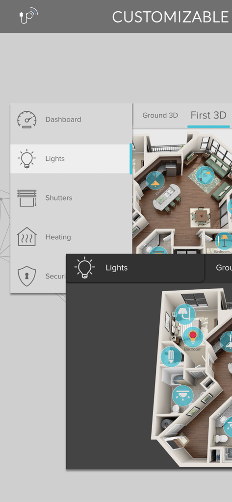 Thinknx UP - Thinknx UP app interface featuring a customizable 3D house floor plan for smart light control
