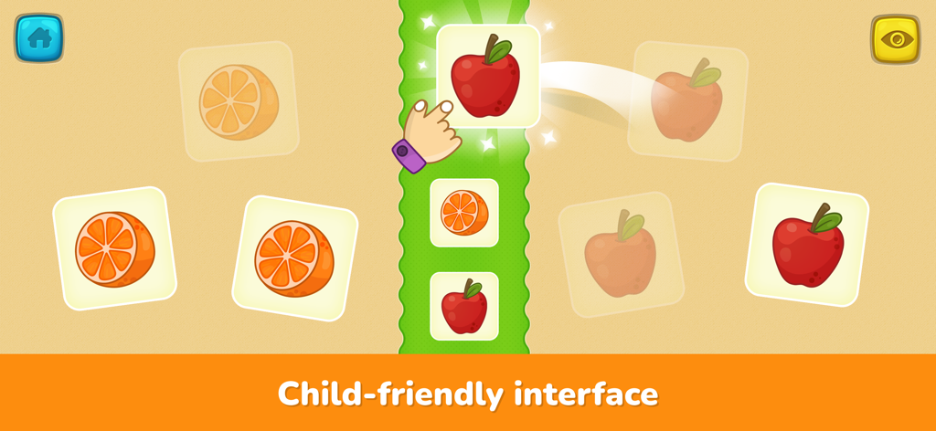 Toddler learning games for 2-4 - Educational toddler game screen showing a simple fruit matching activity with oranges and apples